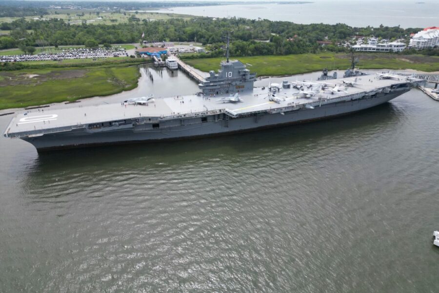 Aerial view of the USS Yorktown aircraft carrier docked in Mount Pleasant, South Carolina.