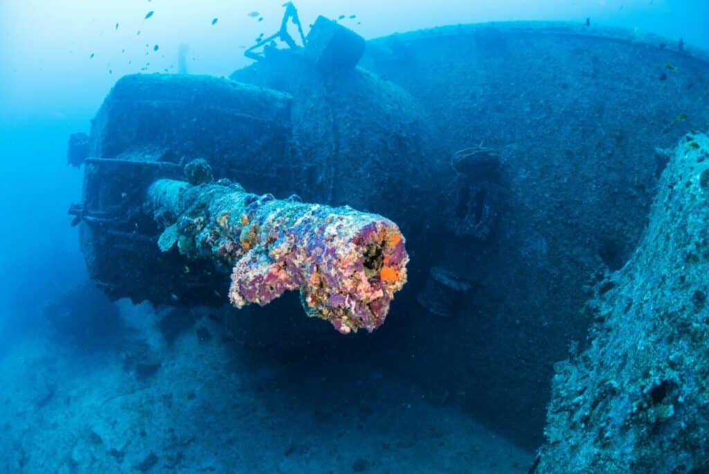 Discover the captivating beauty of a coral-encrusted shipwreck deep beneath the sea.