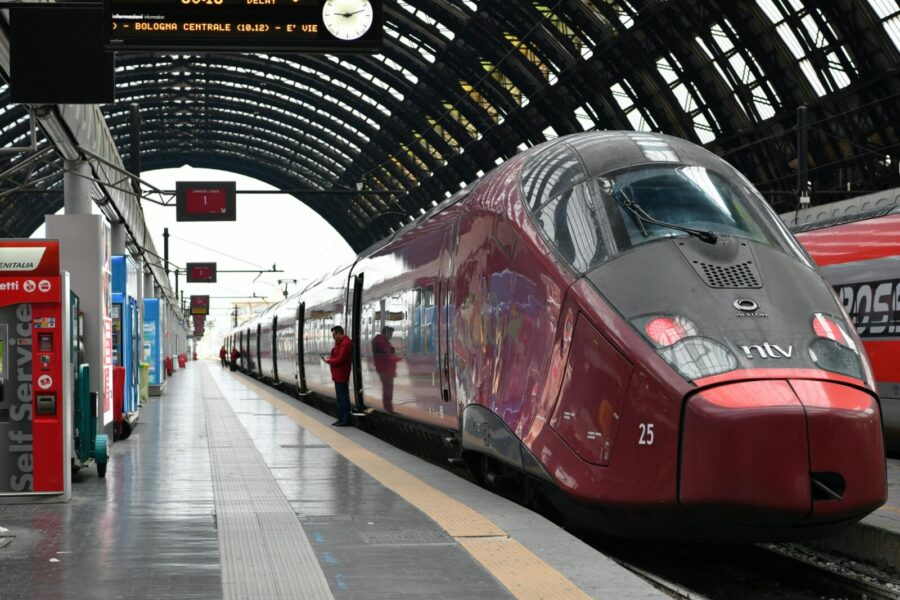 Modern high-speed train at Milano Centrale Railway Station in Italy.