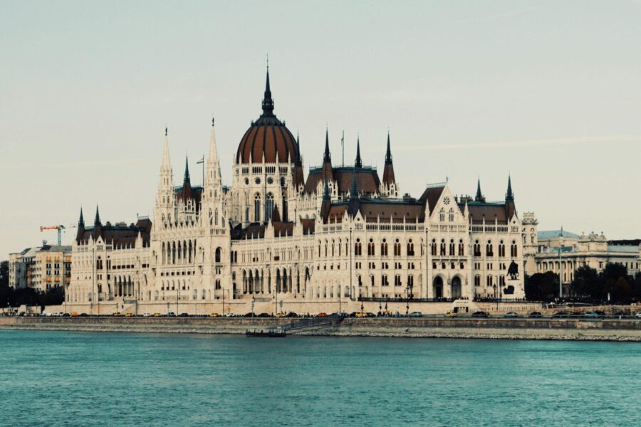 Iconic Hungarian Parliament Building overlooking the Danube River in Budapest, Hungary.