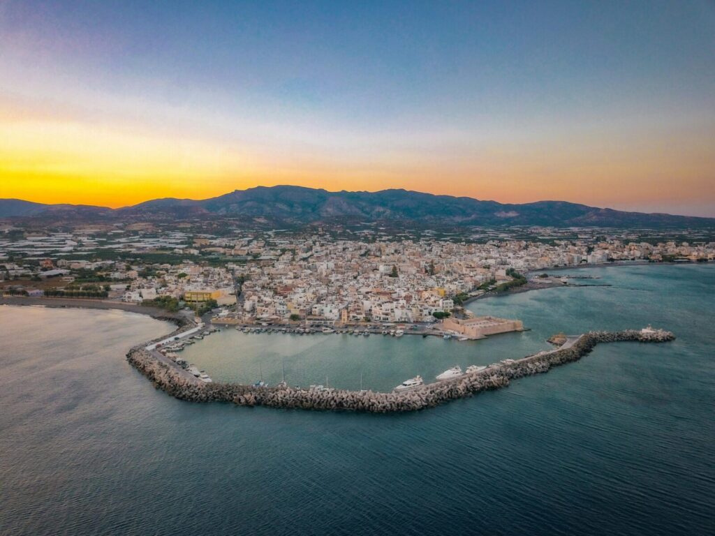 Breathtaking aerial shot of Ierapetra harbor and cityscape during the sunset in Greece.