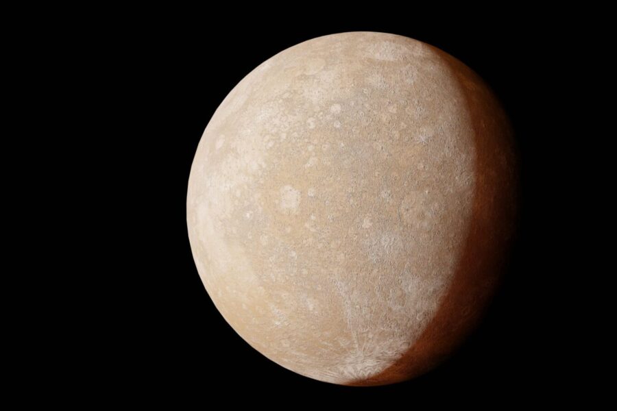 This image shows a detailed view of a distant planet set against a black space background.