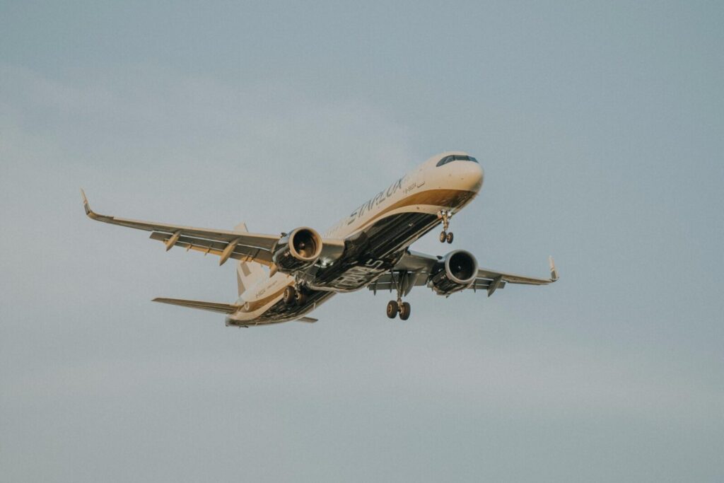 Commercial airplane in flight captured against a clear sky, showcasing travel and transportation.