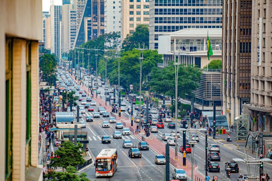 Aerial view of bustling Avenida Paulista in São Paulo, showcasing urban life and busy traffic.