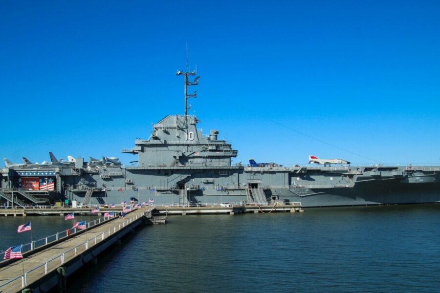 The USS Yorktown aircraft carrier docked in Charleston Harbor, USA.