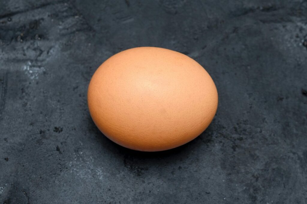 A brown chicken egg resting on a textured dark surface in Perú.