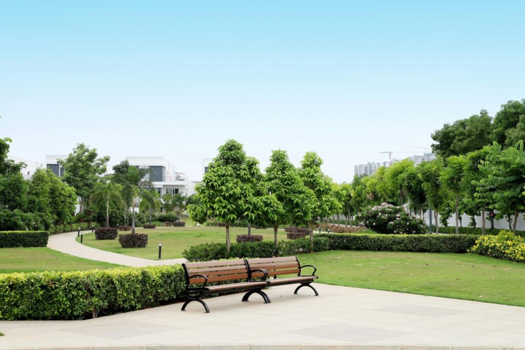 A serene urban park featuring lush greenery, benches, and a winding pathway under a clear blue sky.