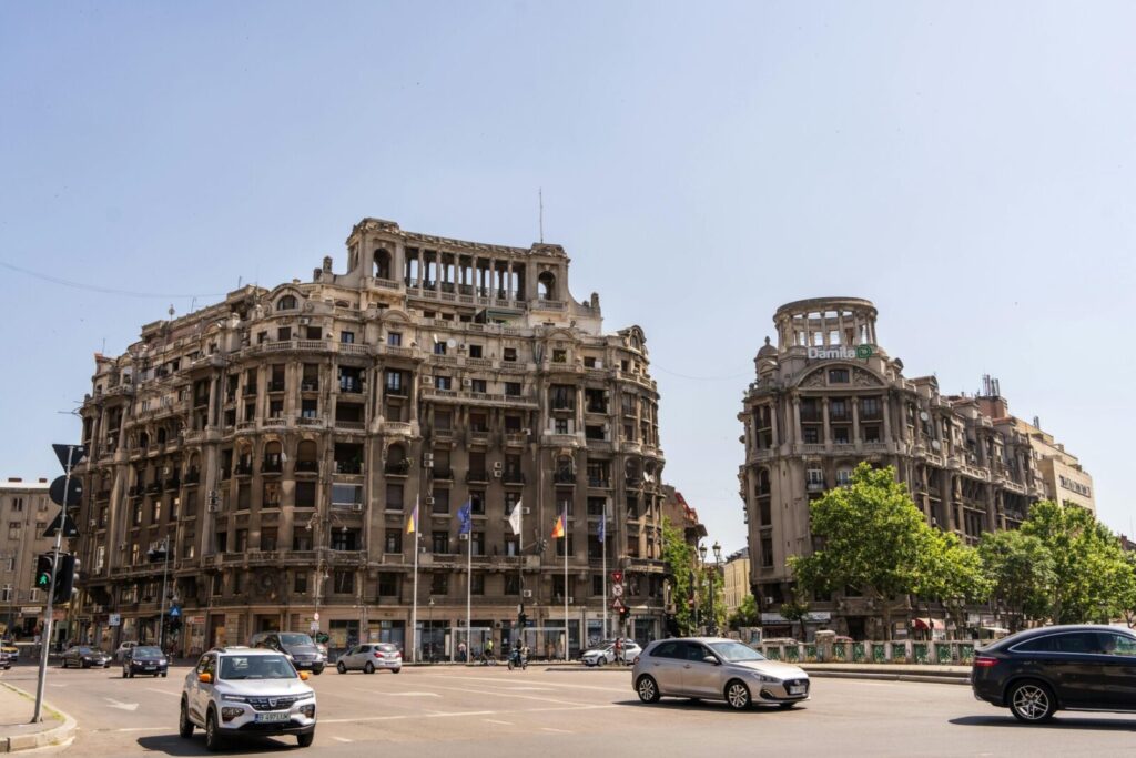 Classic buildings in downtown Bucharest showcasing beautiful urban architecture.