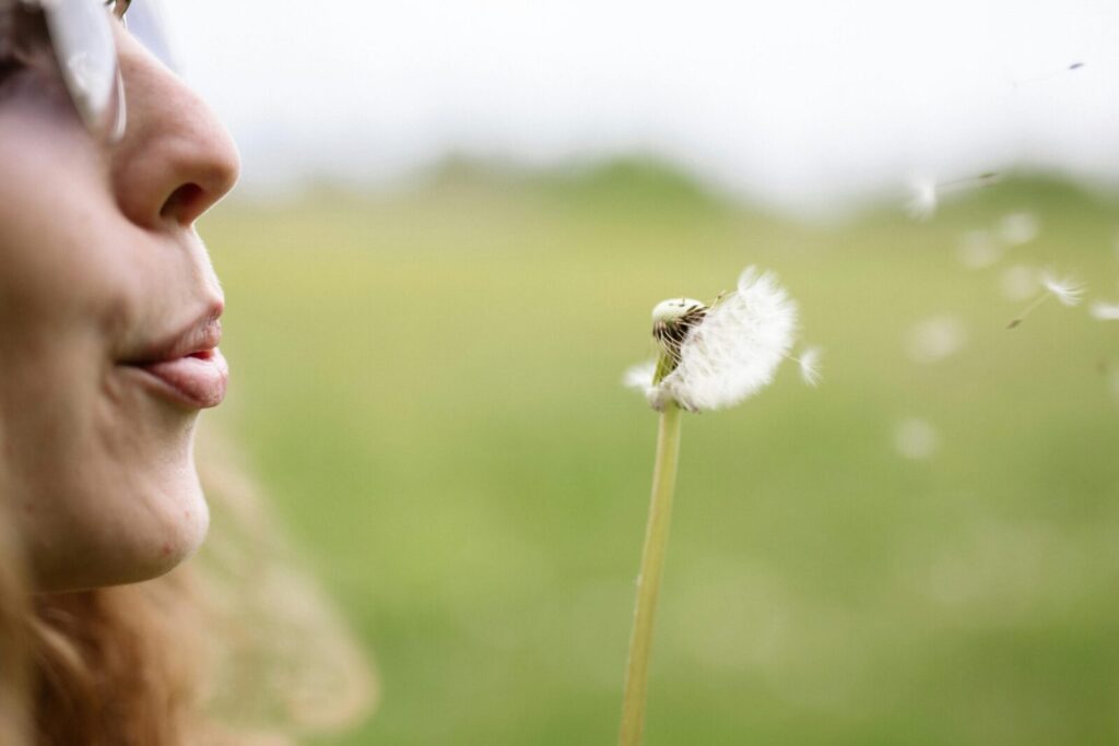 A close-up of a woman blowing dandelion seeds outdoors in spring.