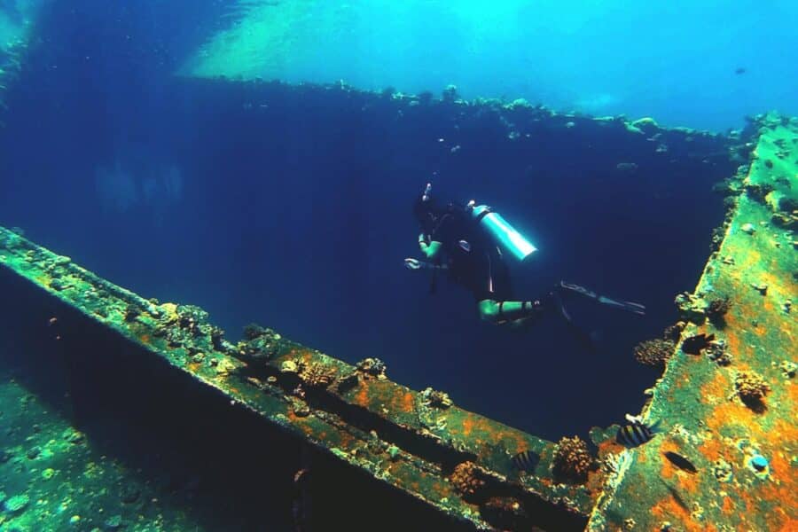 Diver exploring a vibrant underwater shipwreck in clear blue Arabian waters.
