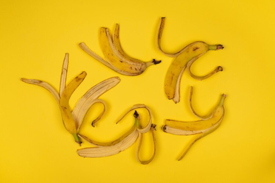 Top view of curved ripe banana peel with spots and stalks on bright yellow background