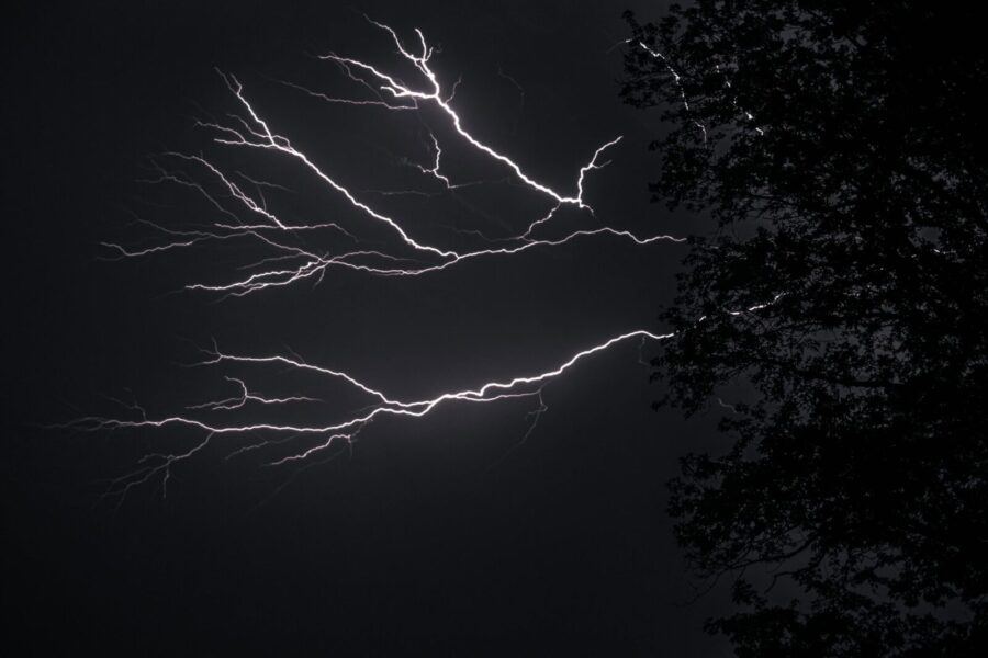 Dramatic lightning branches across the dark night sky over a silhouetted forest.