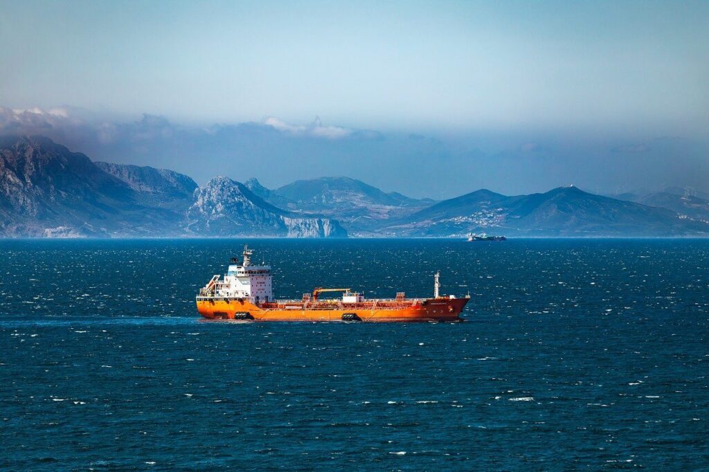 ship, sea, water, sight, transport, cargo ship, nature, tanker, oil, mountains, gibraltar, coastline, strait