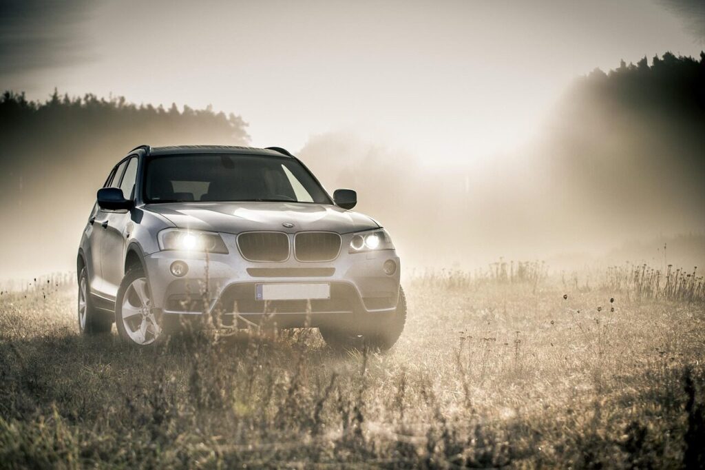 bmw, suv, auto, fog, autumn, headlights, shiny car, car, vehicle, car wallpapers, transportation, parked car, automobile, automotive