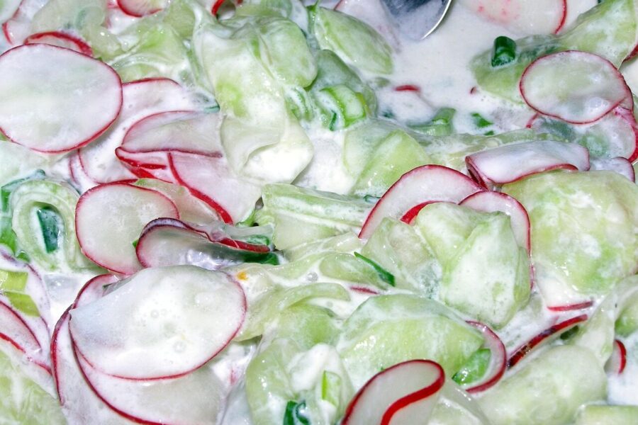 food, salad, cucumber salad, cucumbers, eat, vegetables, closeup, dinnerware, radish