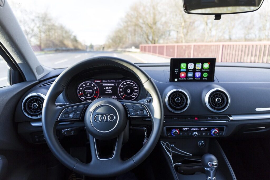 audi a3, interior, carplay, inner space, automobile, steering wheel, dashboard, auto detail, audi, vehicle, car, car wallpapers, handlebar, windshield, speedometer, armature