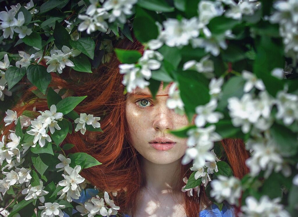 girl, beauty, fairytales, fantasy, female, beautiful flowers, hair, nature, portrait, flower background, face, look, flower wallpaper, flowers, hidden, mysterious