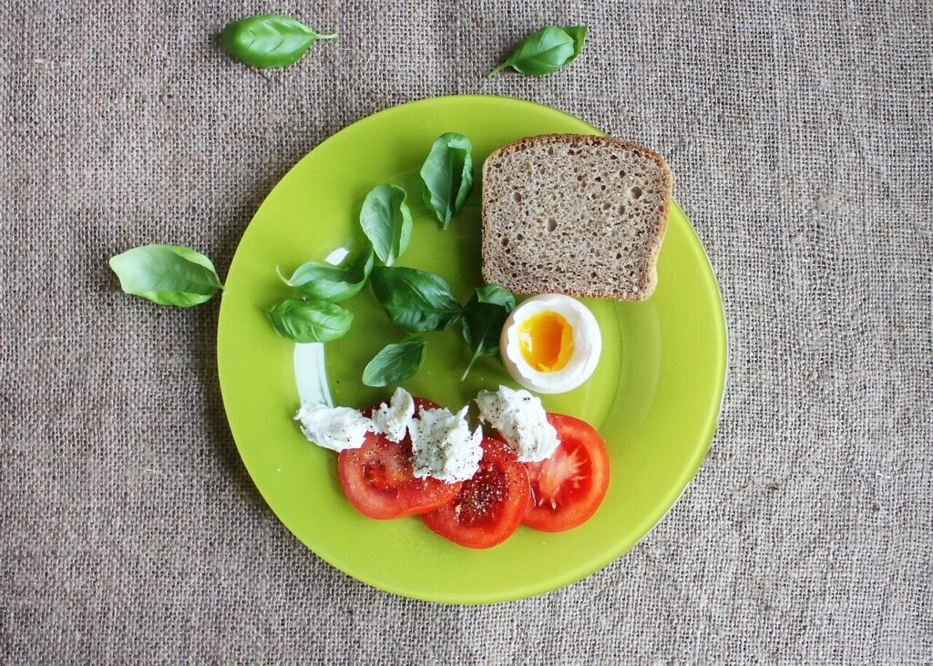 tomatoes, eggs, toast, dish, plate, food, fresh, basil leaves, slice of bread, tomato slices, healthy, boiled egg, soft boiled egg, healthy food, healthy meal, breakfast, breakfast meal, flat lay, eggs, plate, plate, breakfast, breakfast, breakfast, breakfast, breakfast