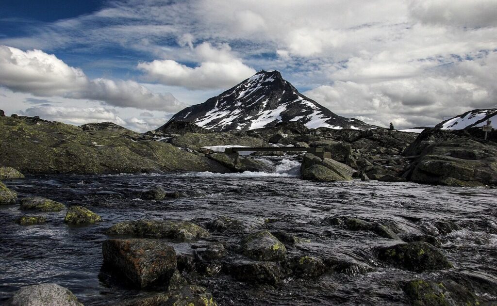 landscape, mountain, the river, summer, the sky, jotunheimen, outdoors, mjølkedalstinden, nature, norway