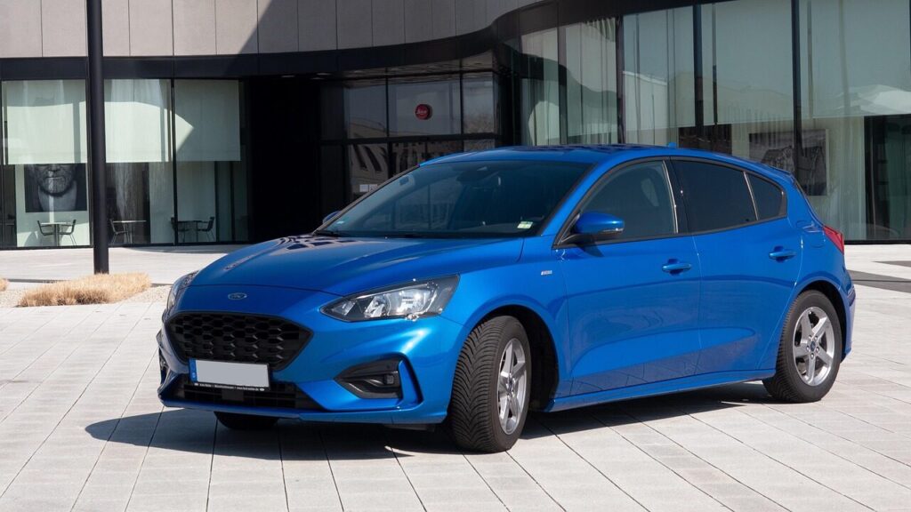 ford, automobile, car wallpapers, blue, car, building, architecture, ford focus