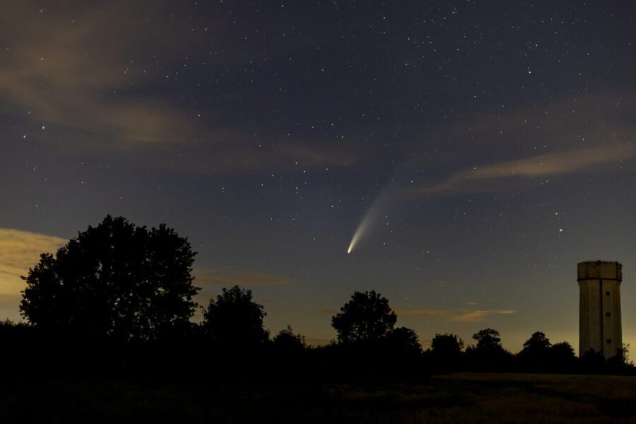 comet, night sky, neowise, comet neowise, water tower, nightscape, night, silhouette, nature, sky, tower, architecture, landmark, building, skyline, evening, rural