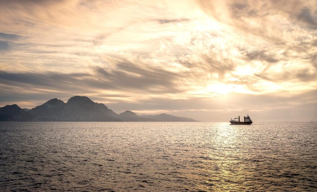 strait, gibraltar, boat, nature, sunset, gibraltar strait, horizon, vessel, sailing, ship, clouds, sky, skyscape, mountains
