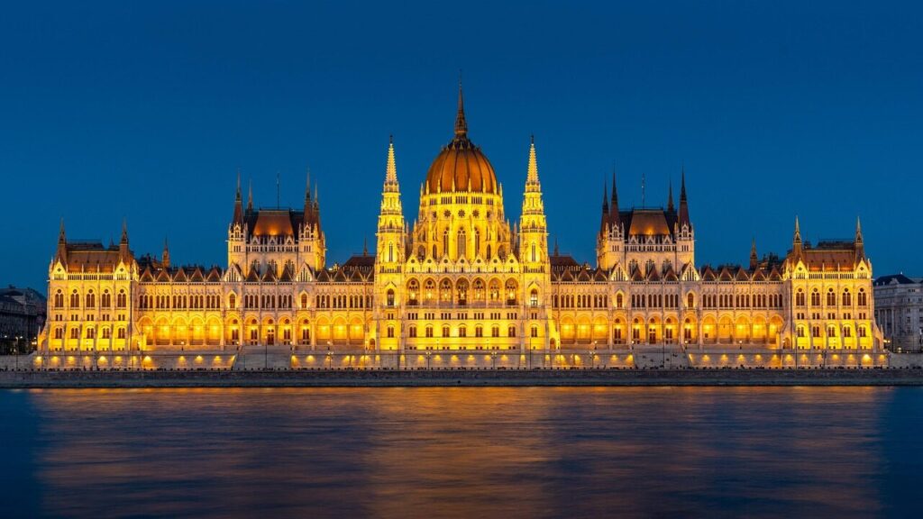 river, city, budapest, hungary, parliament, architecture, urban, lights, night