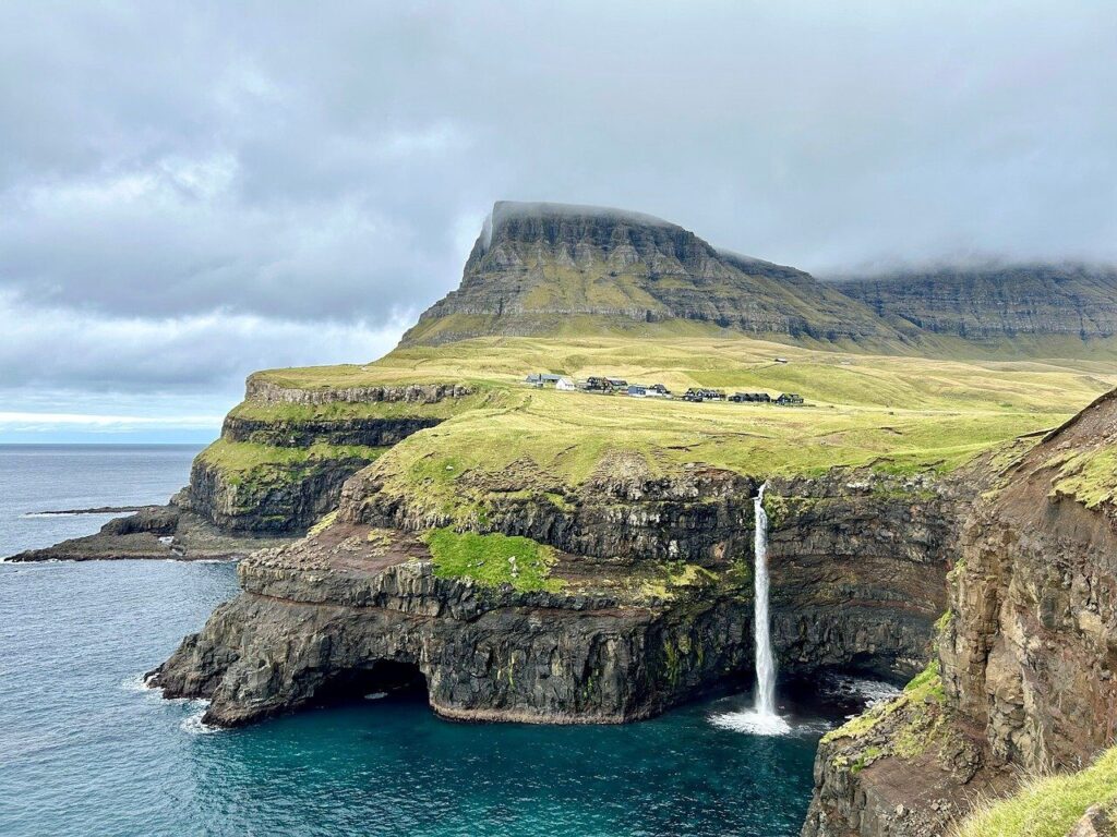 nature, waterfall, island, ocean, landscape, travel, faroes, denmark