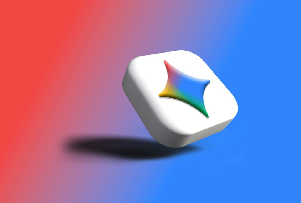 White cube with colorful star logo on gradient background