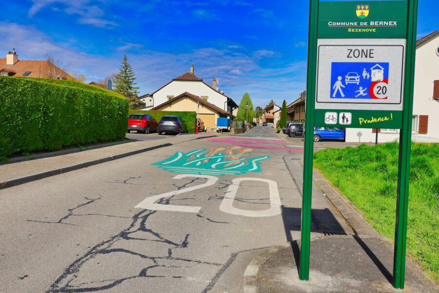 Street sign and speed limit 20 in a village