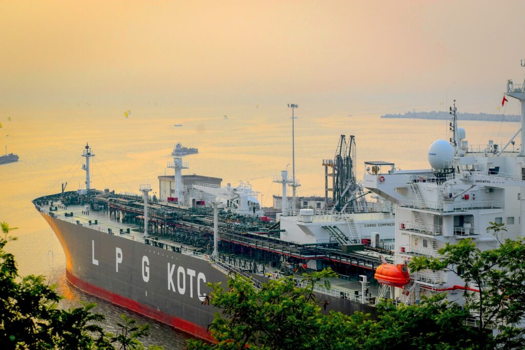 a large ship docked in the water
