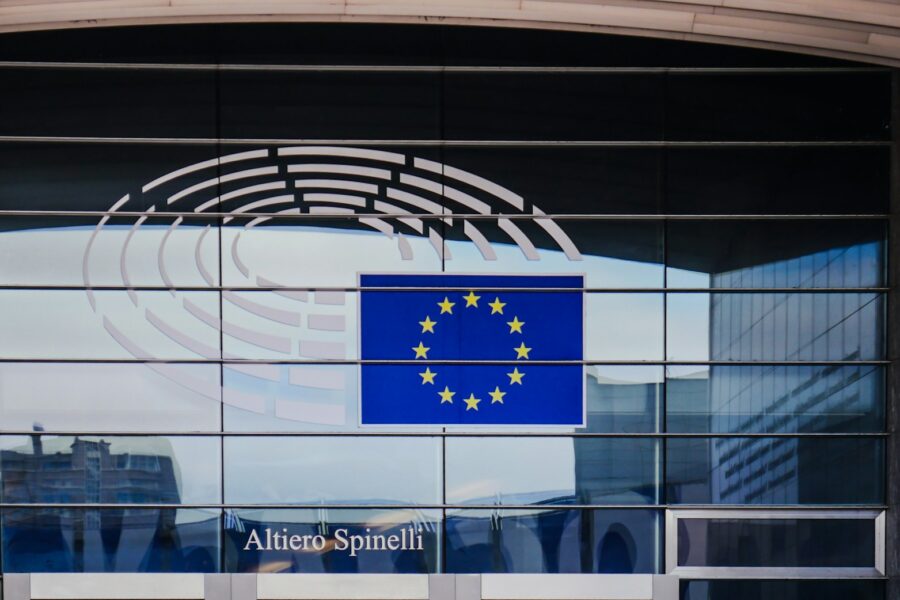 European union flag on modern building facade