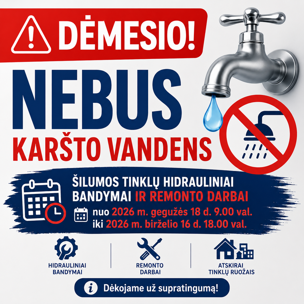 Gyventojams teks ruoštis nepatogumams: mėnesiui suplanuoti karšto vandens atjungimai