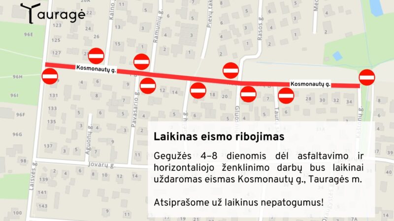 Tauragėje uždaroma svarbi gatvė: vairuotojai perspėjami, teks keisti maršrutus