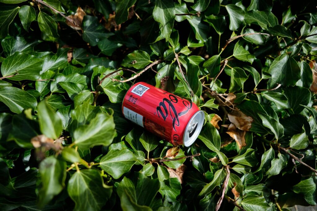 An empty red soda can lies on lush green foliage, representing urban waste in nature.