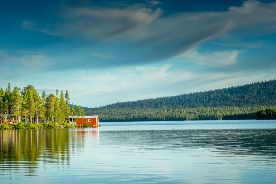 Idyllic Swedish lake scene with scenic red cabins and lush pine forest.