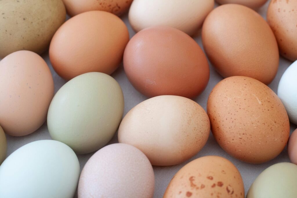 A collection of natural, farm-fresh eggs showcasing diverse colors and patterns.