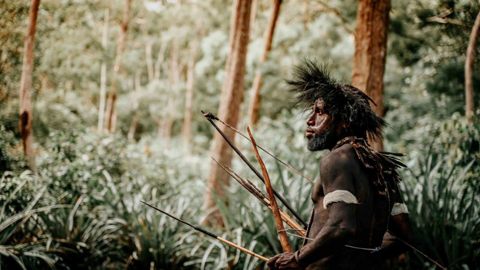 Traditional tribal hunter in forest with spears and headdress.