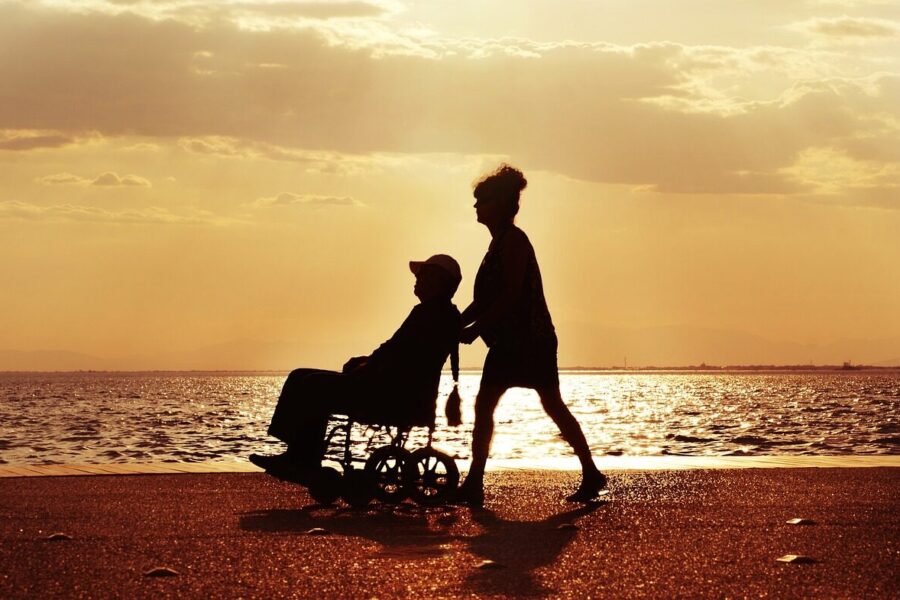 wheelchair, walk, care, disabled, nature, couple, sea, sunset, characters