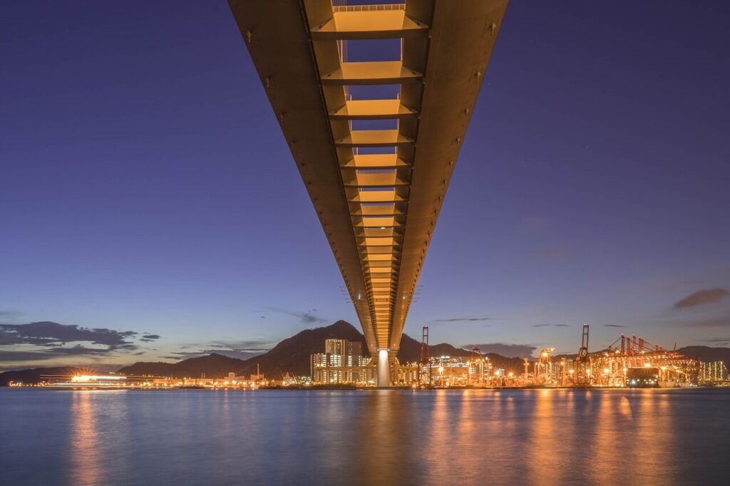 bridge, structure, road, traffic, highway, architecture, sea, harbor, city, skyline, night lights, hong kong, metropolis, nature, landscape, scene, scenery, outdoors, sky