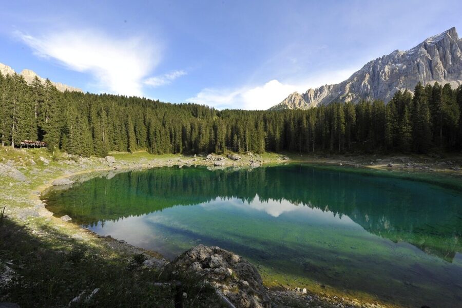 lake of caress, val di fassa, nature, the needle, forest, mountains